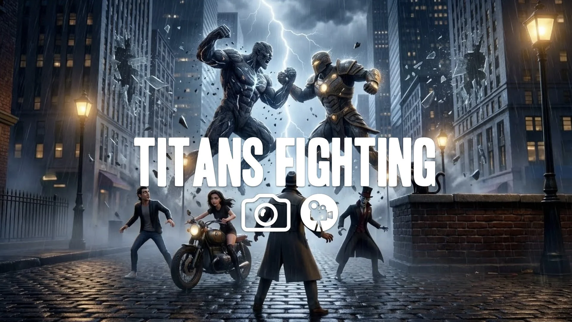 1. Two titans clashing mid-air shockwave shattering windows debris flying slow motion impact rain dark sky no music