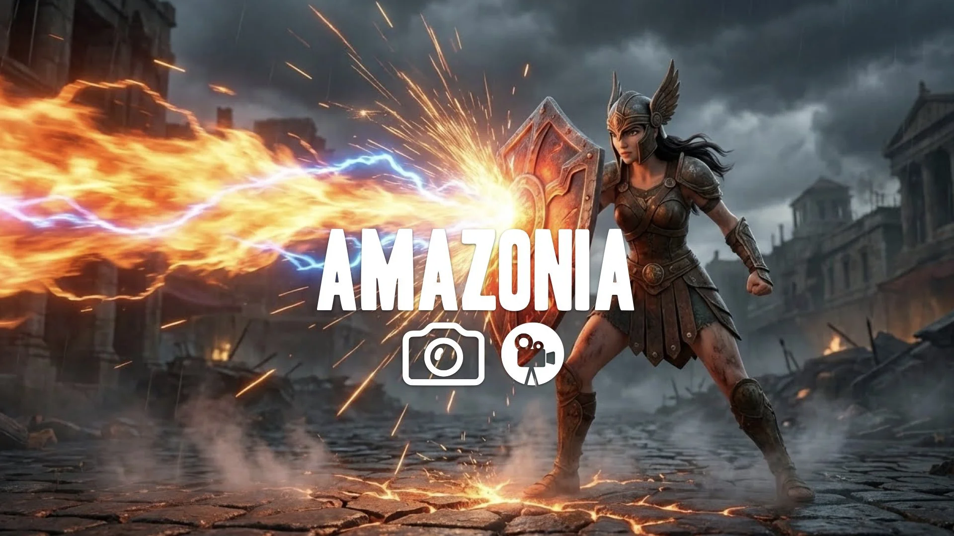 1. Ancient warrior princess deflecting massive energy blast with shield sparks flying gritty texture ground cracking no music