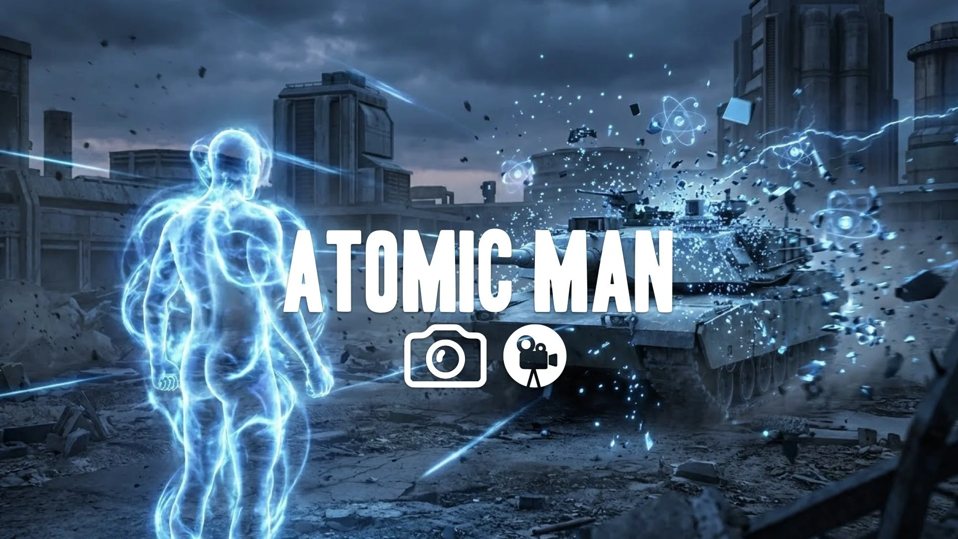 1. Glowing blue energy being teleporting dismantling tank into atomic components slow motion sci-fi visual no music