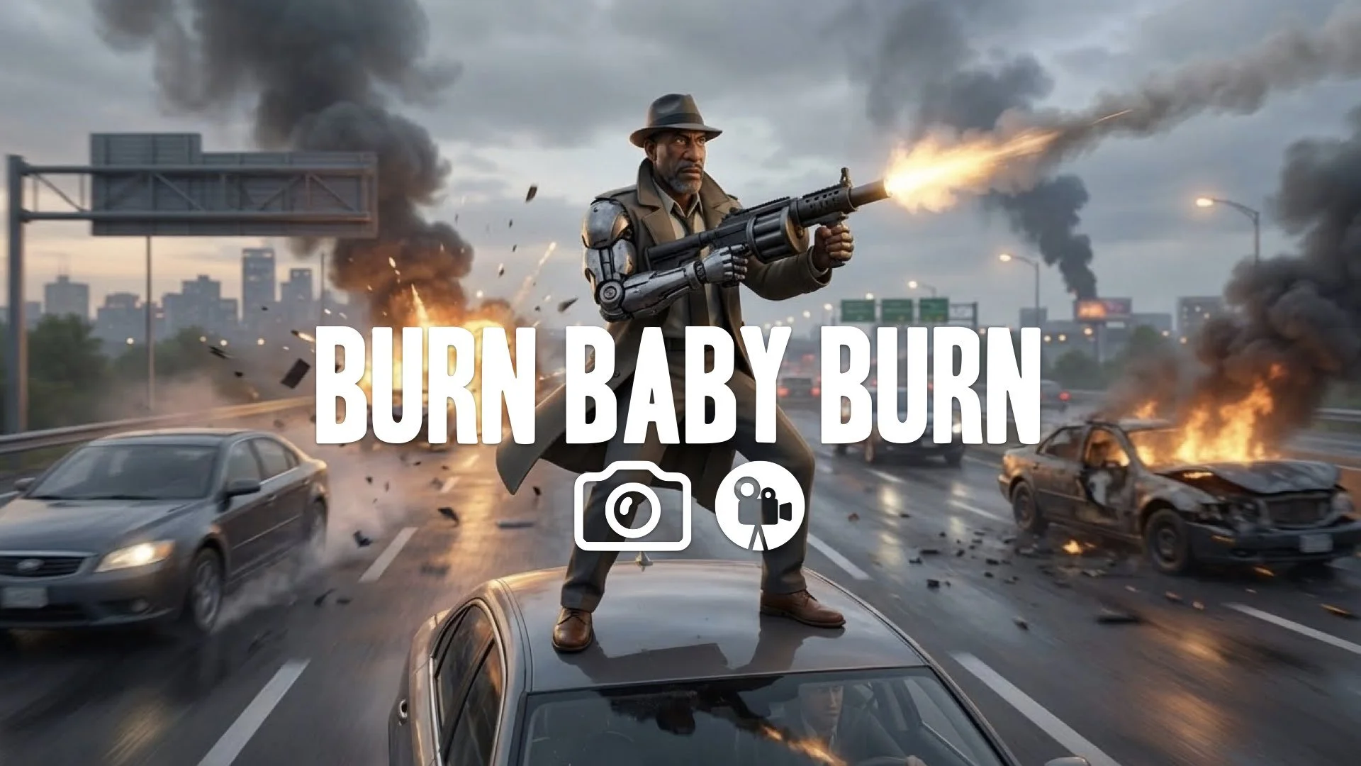 1. Metal armed assassin standing on moving car roof firing grenade launcher highway chase destruction no music