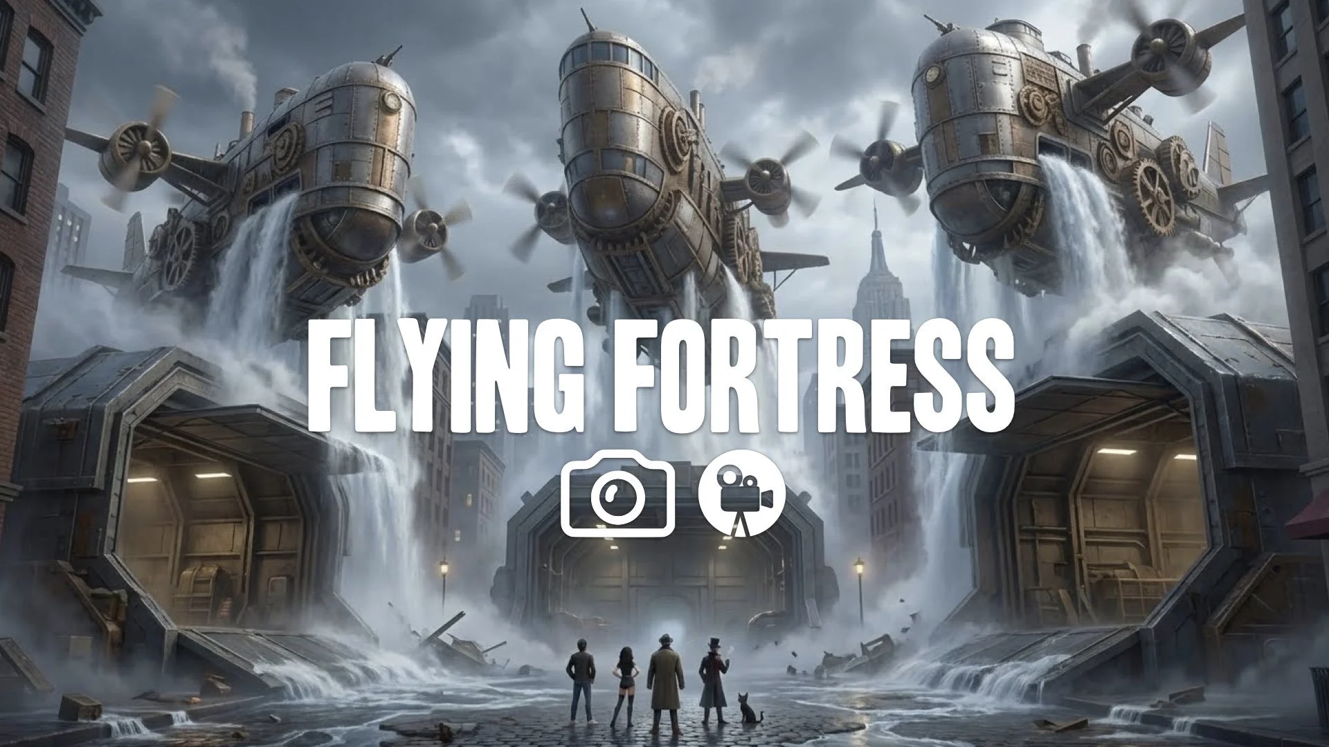1. Three massive flying fortresses rising from underground hangar bays water cascading off epic reveal no music