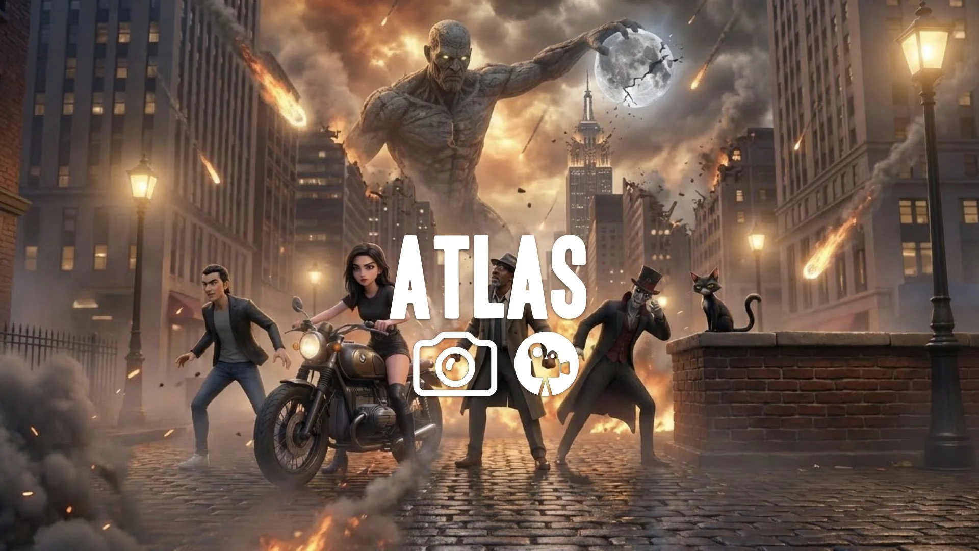 1.   titan pulls moon from sky raining meteors down on heroes apocalyptic scale no music