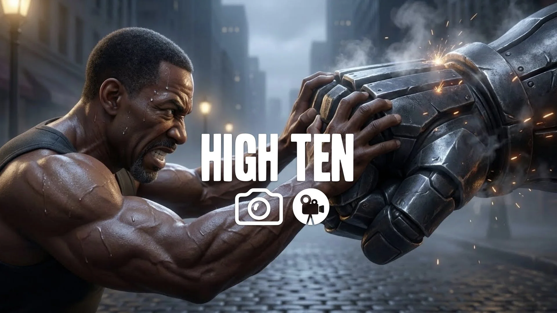 1. Super soldier struggling to hold back titan's gauntlet hand straining muscles brute force desperation close up no music