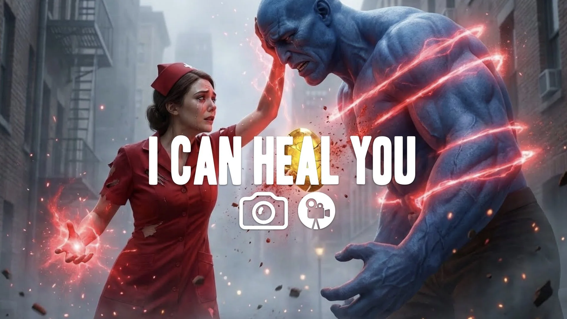 1. Red energy nurse holding back blue titan while destroying mind stone emotional strain tears power manifestation no music