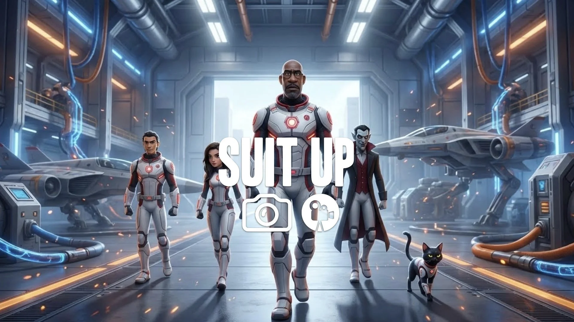 1. Team of heroes in matching white and red quantum suits walking slow motion hangar bay epic strut no music
