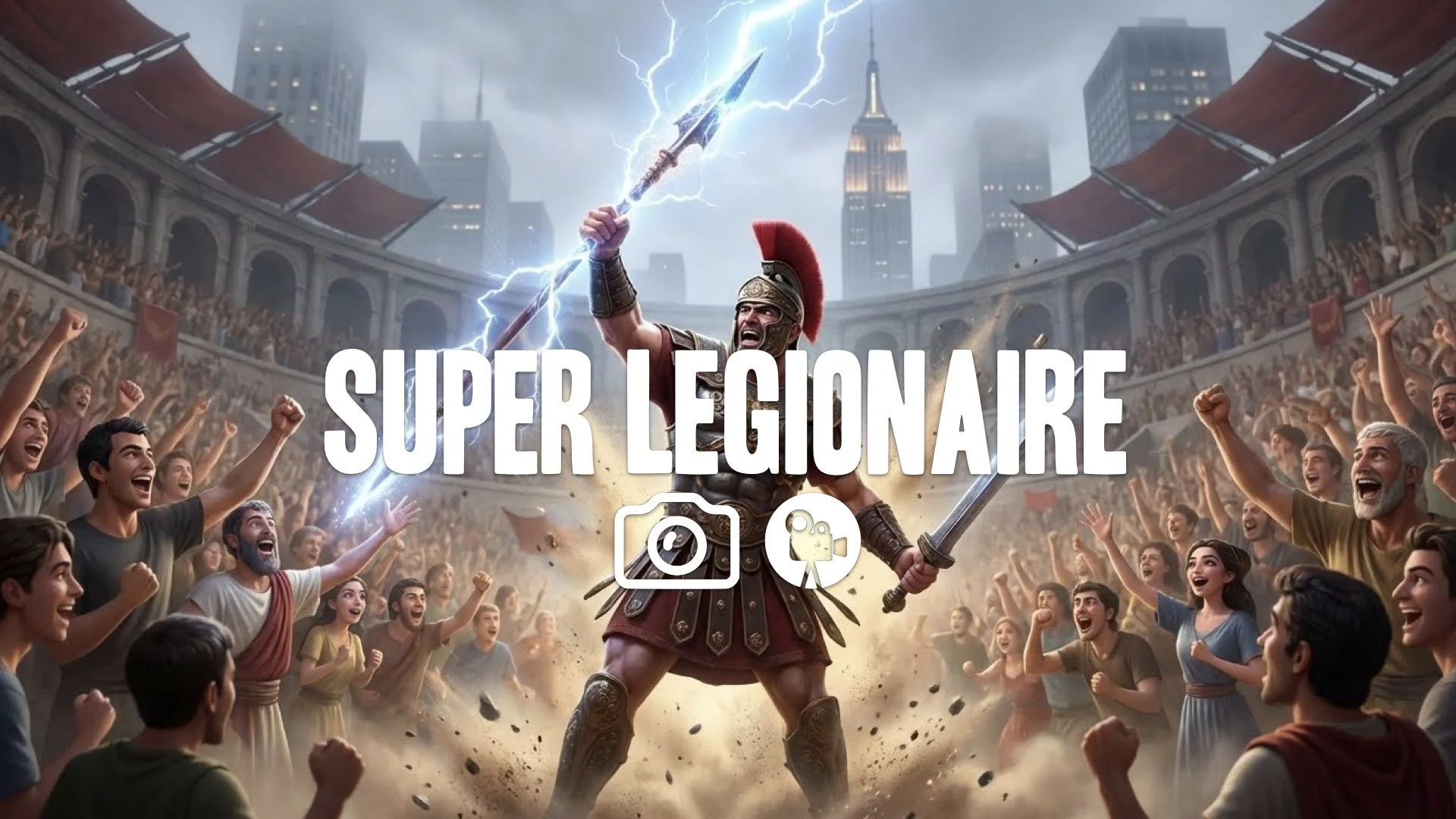 1. Super legionnaire catching magical spear lightning strike dual wielding sword and spear crowd cheering moment no music