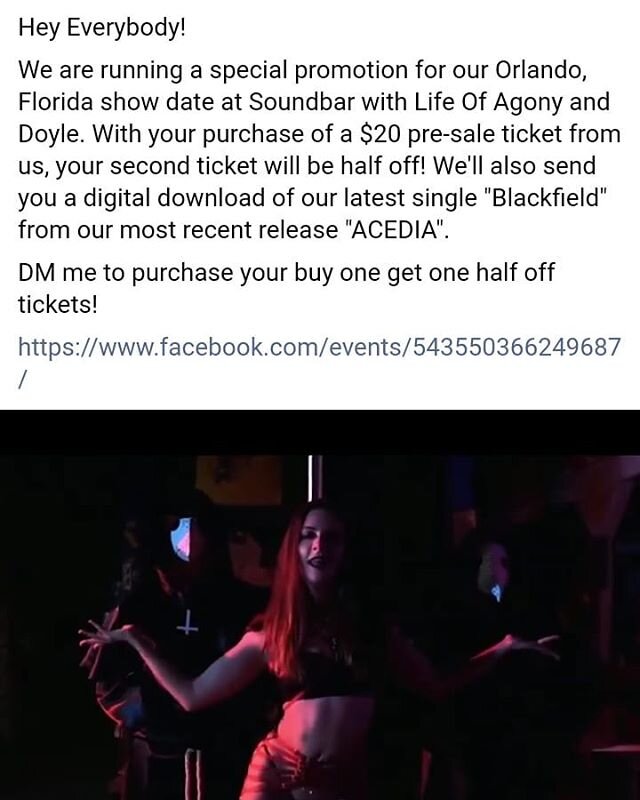 Tickets are buy one get one 50% off for our next show!! March 17th at @soundbar.orl with @lifeofagonyofficial and @doylewolfgangvonfrankenstein 🤘This deal only applies when you buy the ticket directly through us! DM us here on IG to grab your ticket