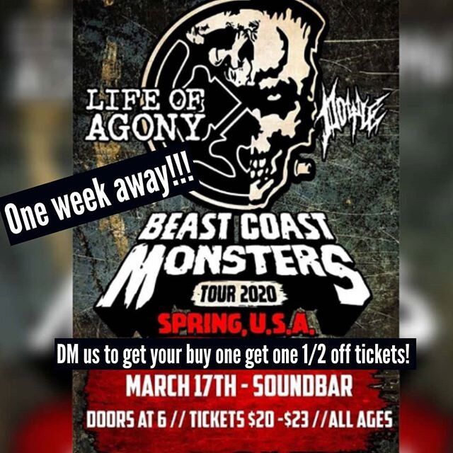 ONE WEEK AWAY! 🤘 We are still running our buy one get one half off ticket promo! Sale ends Sunday the 15th, DM us to get your tickets today! We can't wait to party with you. .
.
.
.
.
.
.
.
#acedia #doylewolfgangvonfrankenstein #soundbar #orlandomet