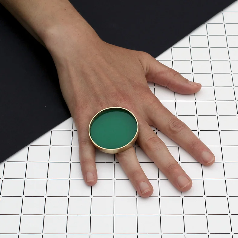 LARGE CIRCLE RING WITH JADE ACRYLIC INLAY BRASS AND ACRYLIC £220 (ALSO AVAILABLE IN 22 CARAT GOLD PLATED BRASS OR HALLMARKED STERLING SILVER WITH A RANGE OF COLOURED INLAYS)