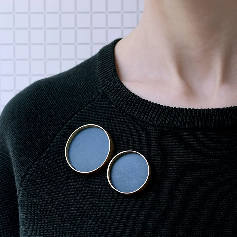 CIRCLE BROOCHES WITH PETROL LINO INLAY BRASS AND LINO WITH STEEL PIN MEDIUM - £180 LARGE - £195 (ALSO AVAILABLE IN 22 CARAT GOLD PLATED BRASS OR HALLMARKED STERLING SILVER WITH A RANGE OF COLOURED INLAYS)