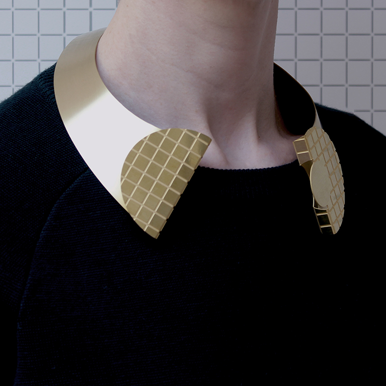 www.poppynorton.com - one piece winged collar in brass (side view on model).jpg