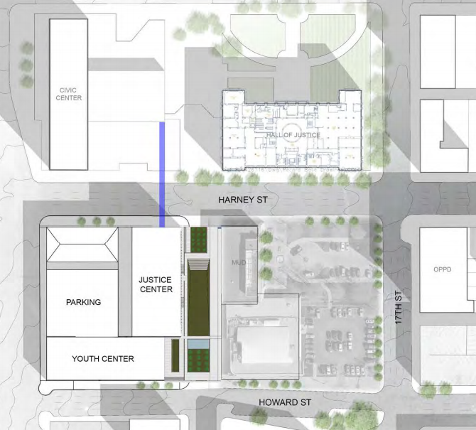 The green space represent 18th Street, which will need to be vacated by the city of Omaha.