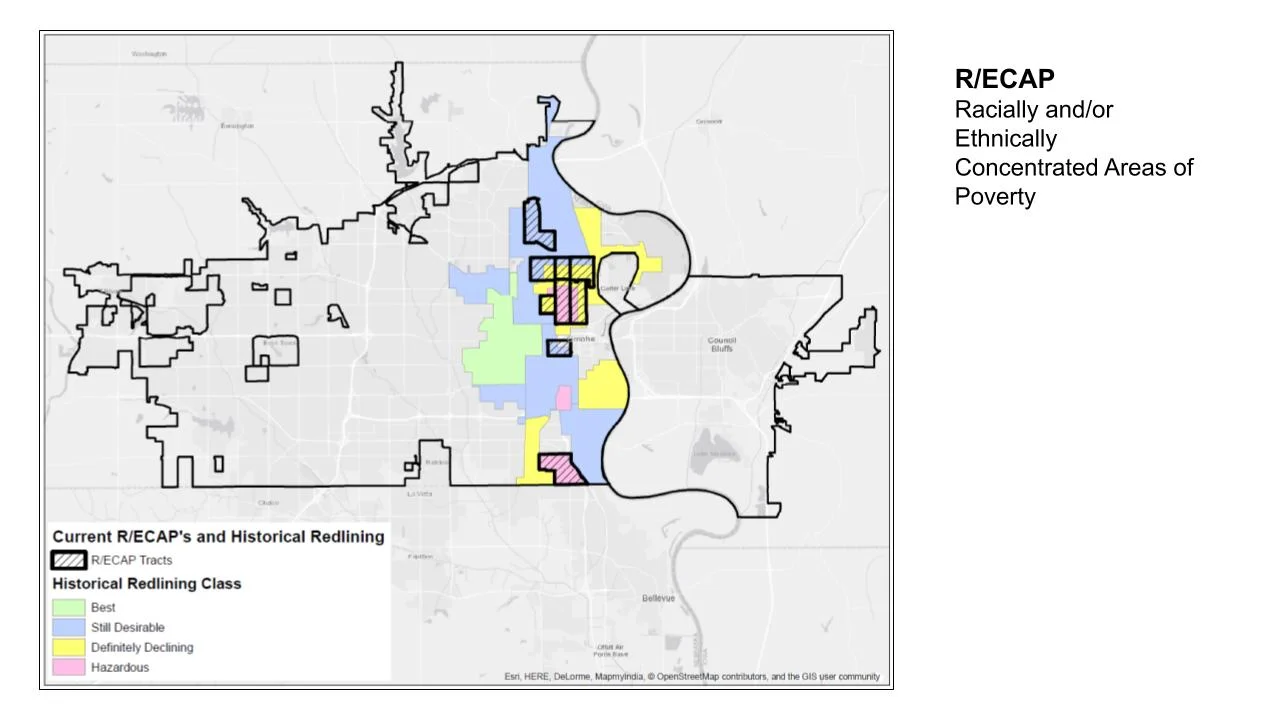 A current map of Omaha overlaid with the historically redlined class areas. Bold and lined areas represent places of high poverty and significant concentrations of non-white communities.