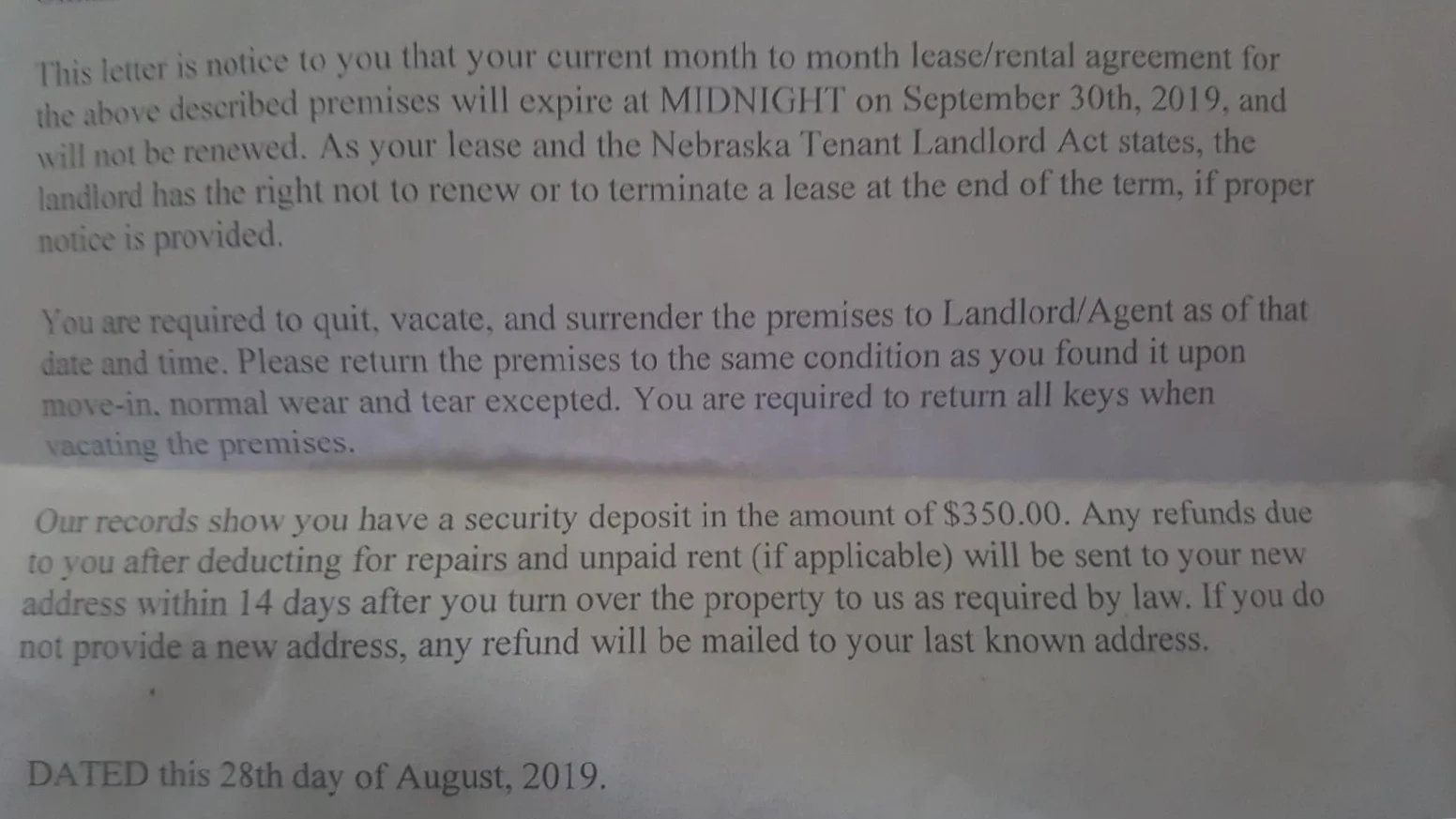 30-day notice letter received by our resident contact.