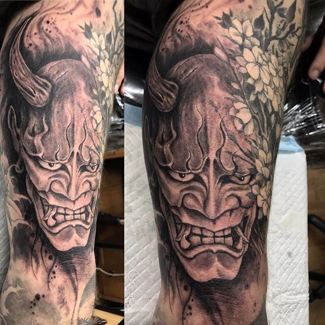 Here&rsquo;s a Hannya mask to finish off Matt&rsquo;s sleeve. Love the neo Oriental work. #hannyatattoo #hannyamask #orientaltattoo #neoorientaltattoo #neooriental #japanesetattoo #bng #bnginksociety #bngtattoo #blackandgrey #realistictattoo #inked #