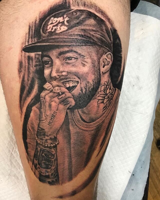 Mac Miller portrait for Deven. Thanks for the fun tattoo mate👍🏼 #bng #tattoo #macmiller #macmillertattoos #portraittattoo #blackandgreytattoo #blackandgrey #bnginksociety #inked #inkboster #radtattoos #melbournetattoo #melbournetattooist #rohanbego