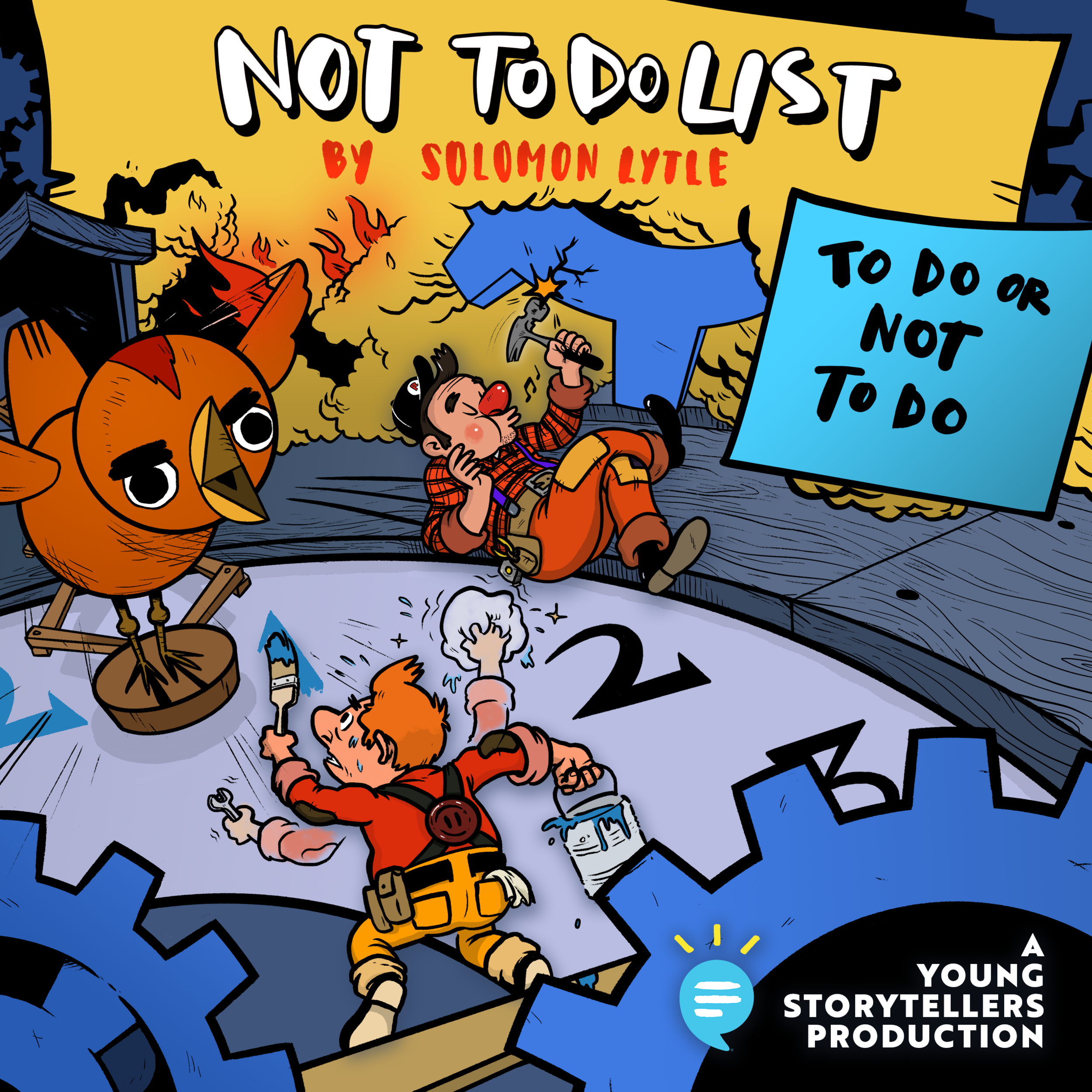 Cover art for Young Storytellers’ Story Clubhouse, read here by Ben Schwartz, Jason Mantzoukas, and Thomas Middleditch.