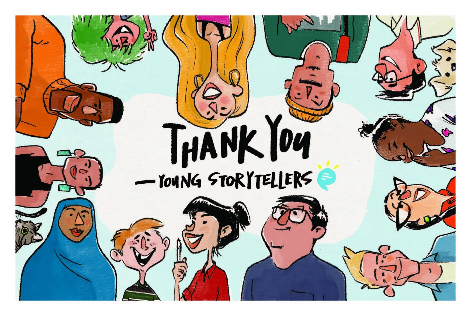 thank you card for young storytellers foundation with a variety of diverse subjects