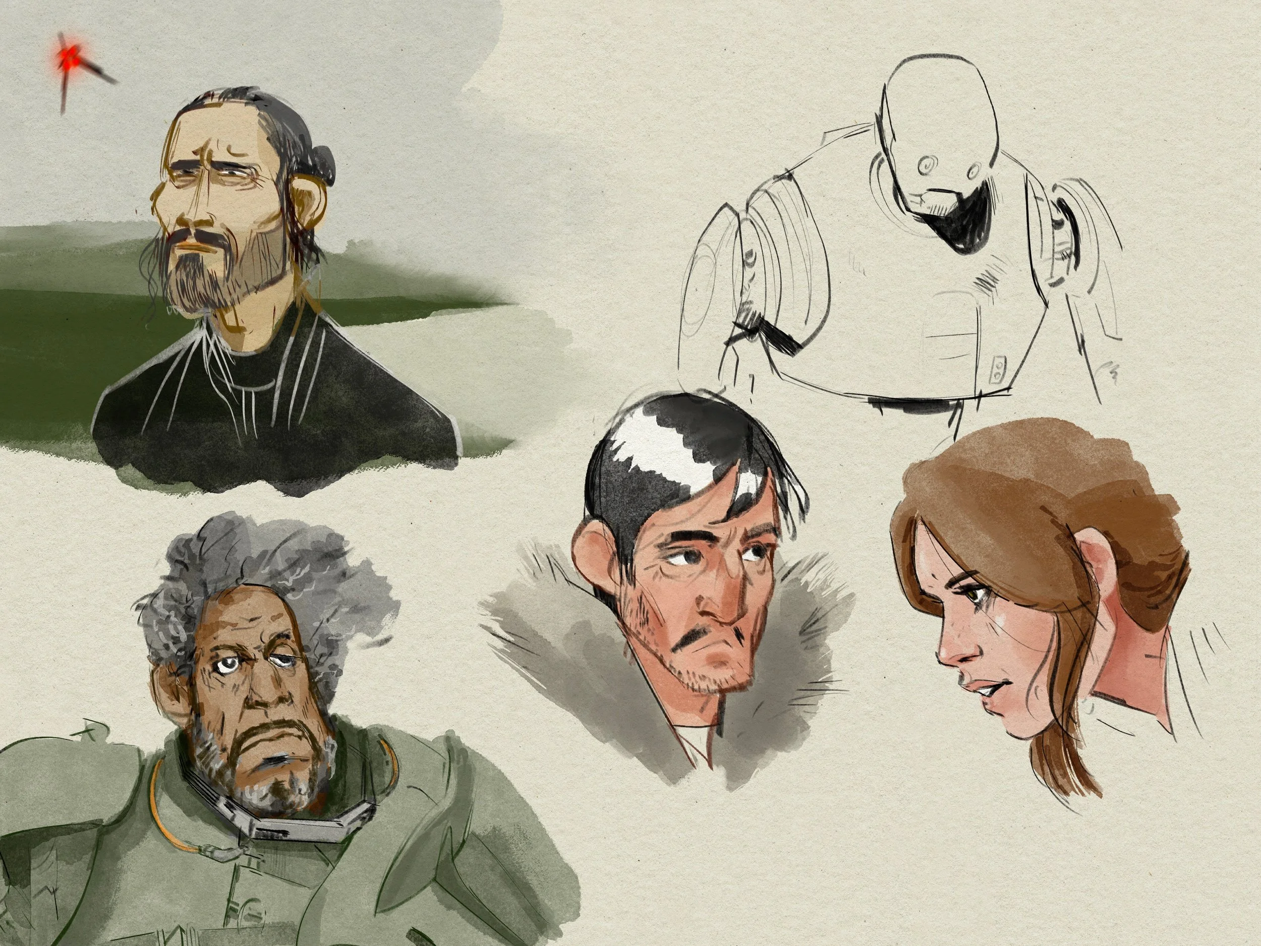 a series of sketches of star wars rogue one