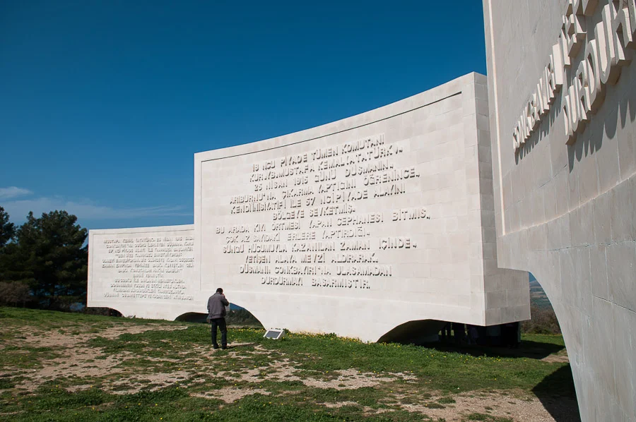 A man visiting Chunuk Bair Mehmet Memorial, Gallipoli Peninsula Historical National Park, Gallipoli Peninsula, Turkey.