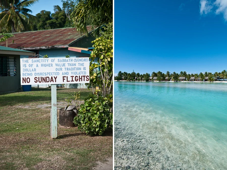 Local protest sign against Sunday flights into and out of Aitutaki Island, Aitutaki Island, Cook Islands.