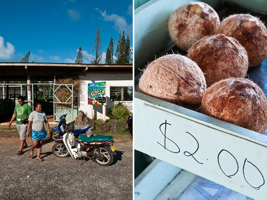 Shoppers outside of Aitutaki Market, Aitutaki Island, Cook Islands.