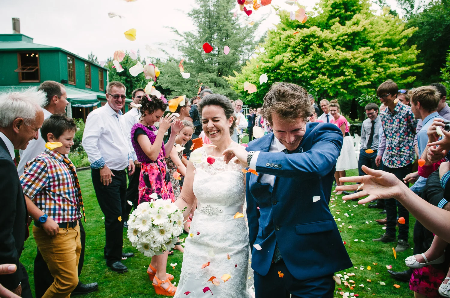 Langdale Vineyard Wedding, Jodie & Jacob showered in flower petals
