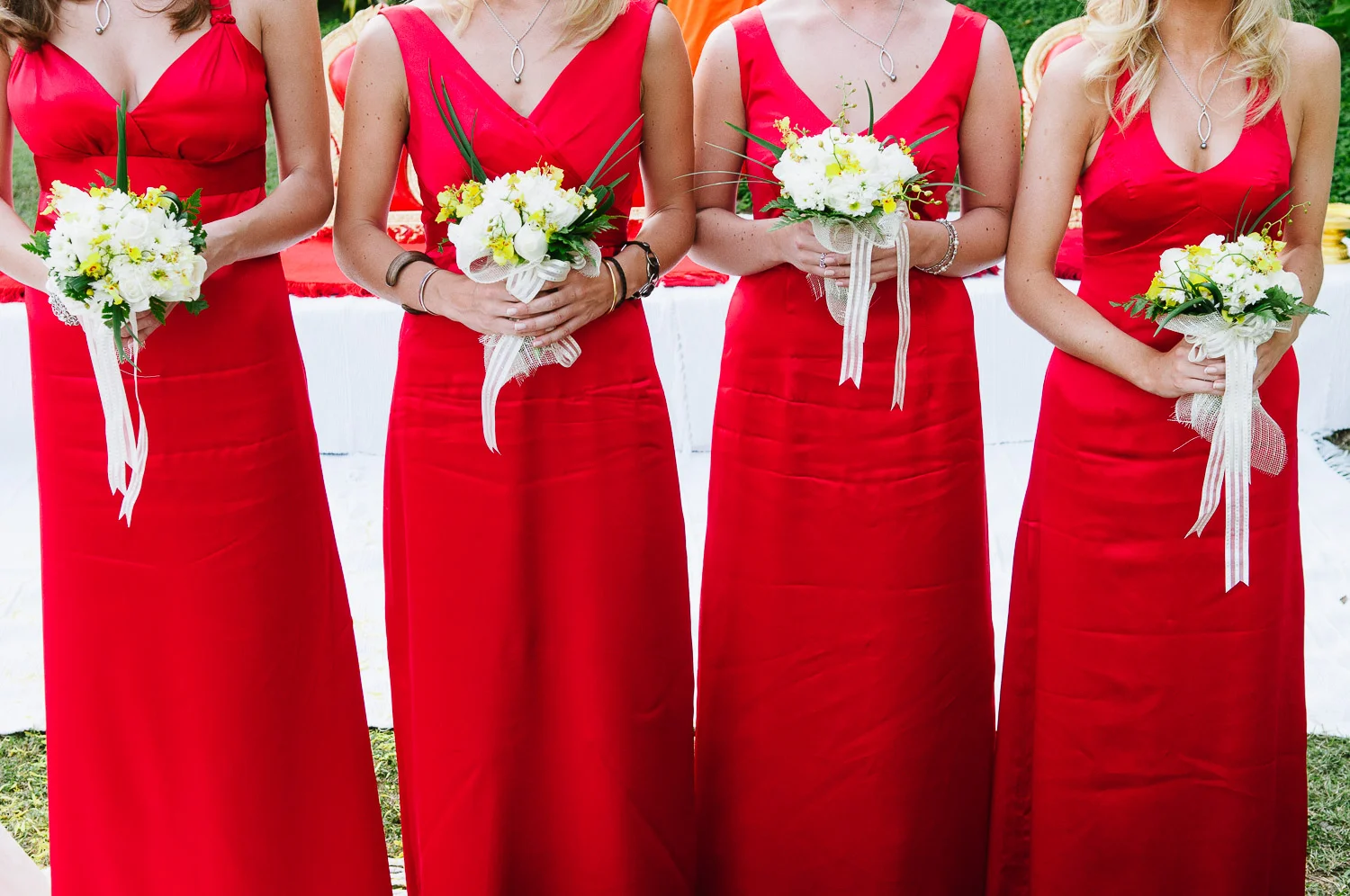 Four Seasons Resort Chiang Mai Wedding, red bridesmaid dresses.
