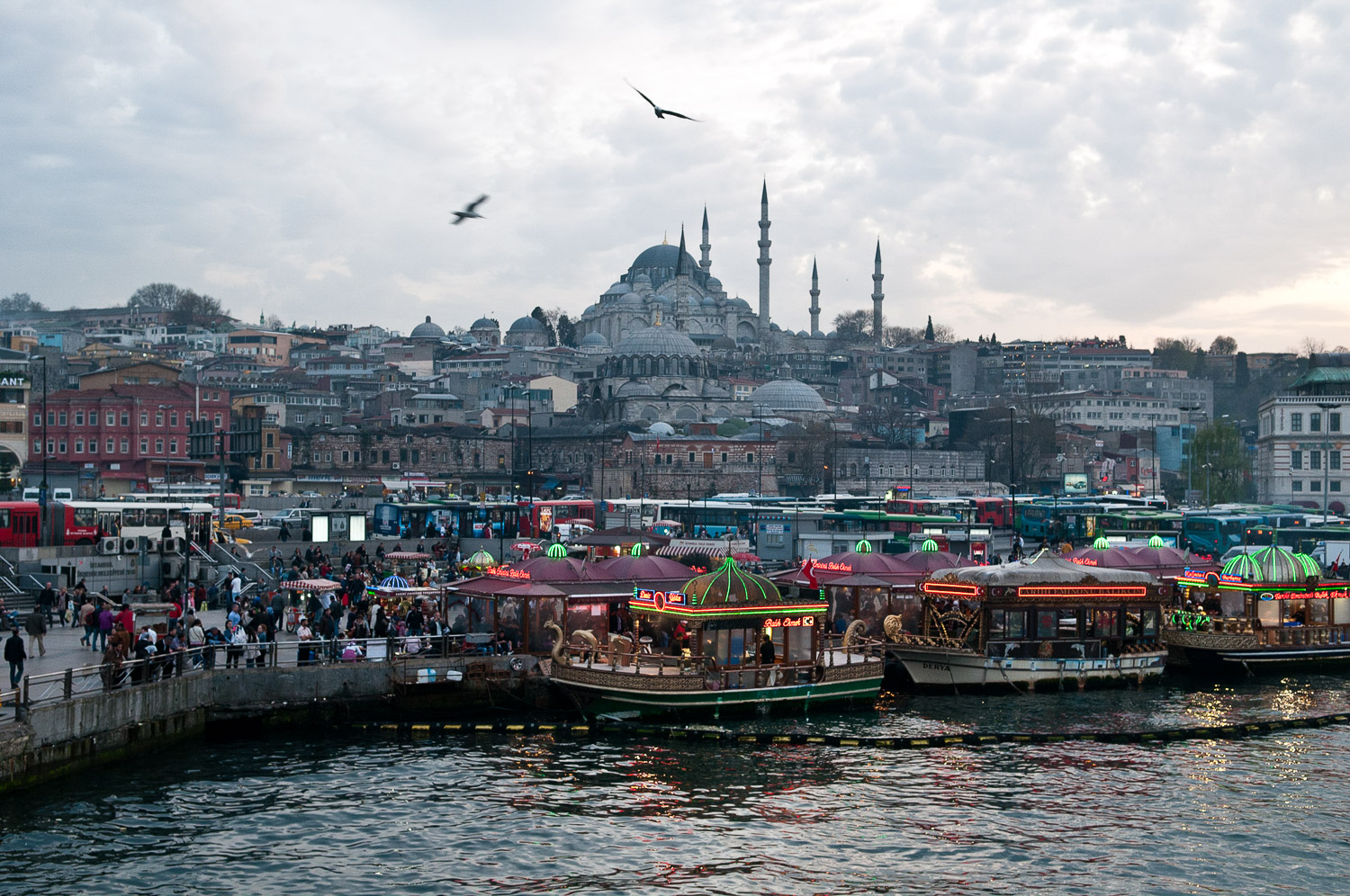 Harbour side view of the Old City of Istanbul, Turkey, on the 5 April 2012. The mosque on the hill is Suleymaniye Mosque.