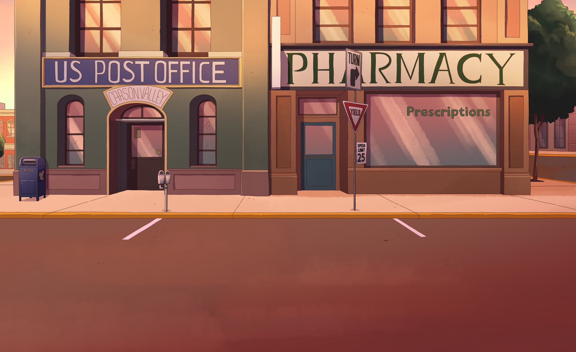 STRP105_BG_A101_EXT_AUTOVERSE_TOWN_POST_OFFICE_SIDE_VIEW_SUNSET_COLOR_V03_BH.png