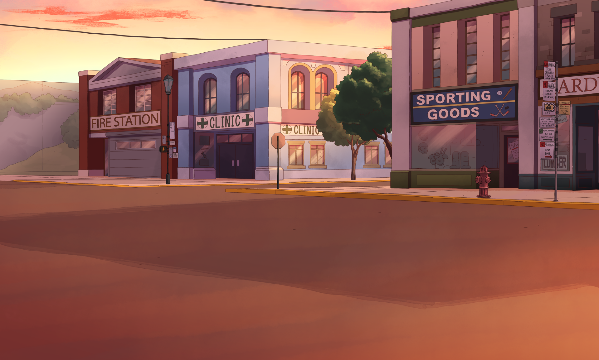 STRP105_BG_A104_EXT_AUTOVERSE_TOWN_REV_VIEW_FROM_POST_OFFICE_SUNSET_COLOR_V03_BH.png