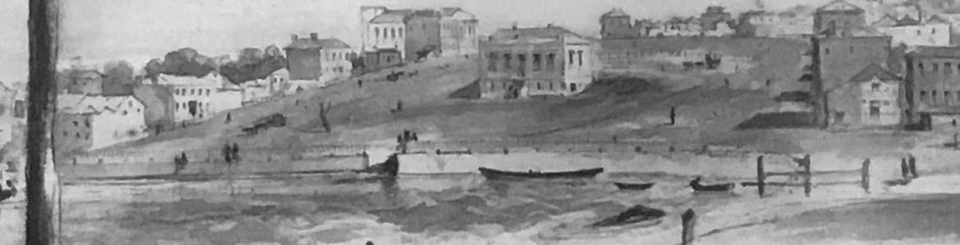 Sketch of Melbourne 1848 by Robert Russell (Mitchell Library). The central building is the Market Square. 