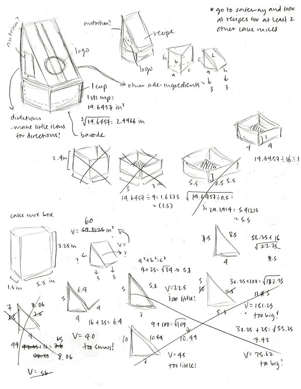 Sketches ideating packaging and figuring out measurements