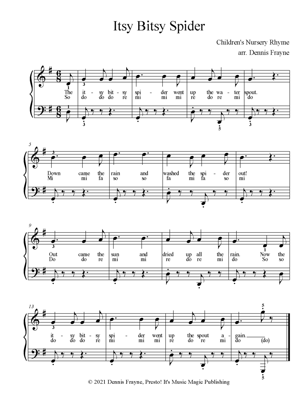 Itsy Bitsy Spider Sheet Music With Chords And Lyrics