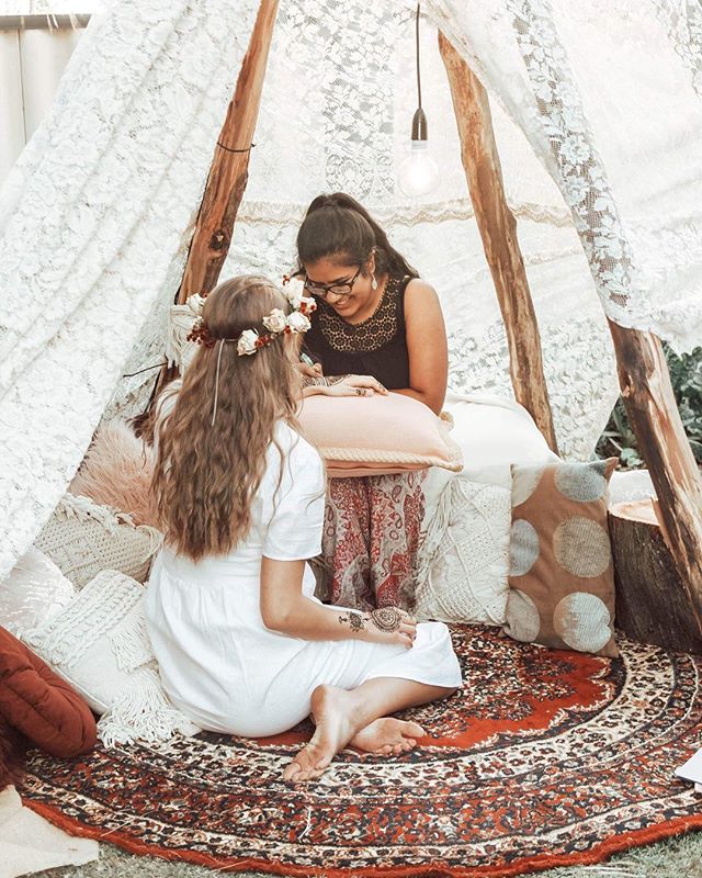 Wanting something different at your next event that will leave a lasting impression... look for a local henna artist to come and create beautiful patterns on your guests! 
You can hire our boho teepee package to create the perfect henna zone! 
Photo: