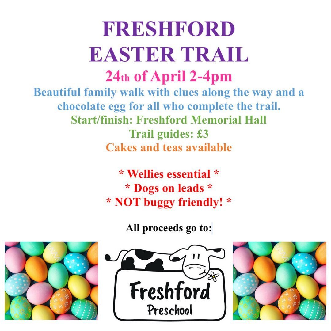 🐣SAVE THE DATE!🐣
The Freshford Easter Trail egg-stravaganza is BACK! 
🐣 Come and join us on Sunday, April 24th from 14:00-16:00
🐣 Follow the trail map and find the clues whilst enjoying a beautiful walk around our village
🐣 A chocolate egg for a