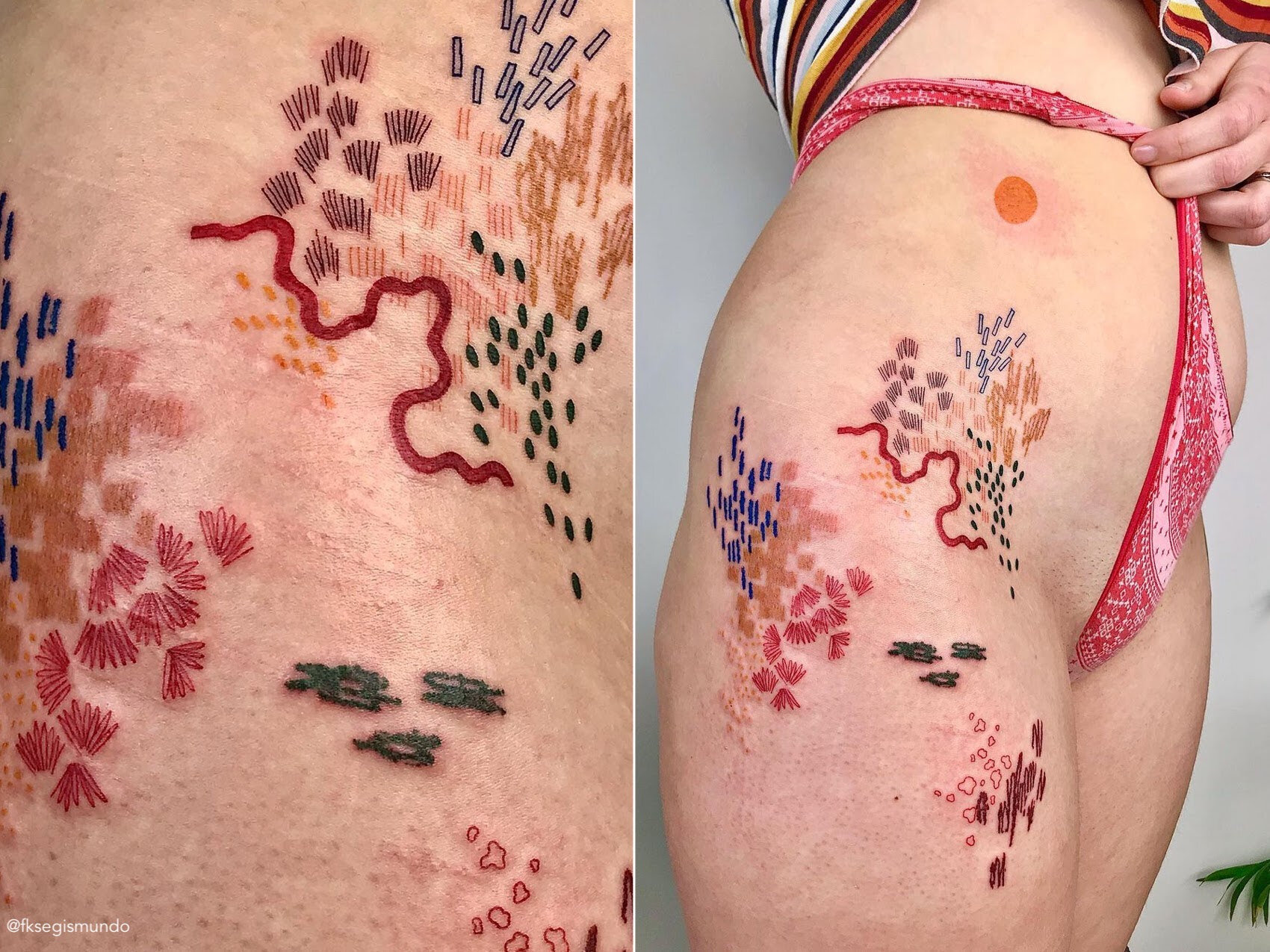 People are getting colorful tattoos that look like embroidery on skin