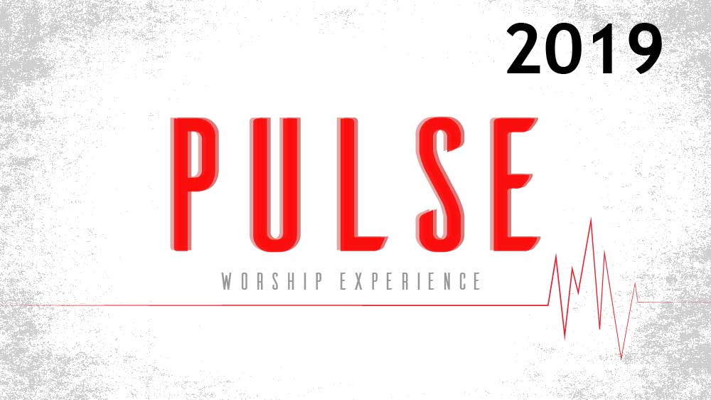 White background with a red electrocardiogram spanning it's width. It says 'Pulse worship experience 2019 ' in the middle