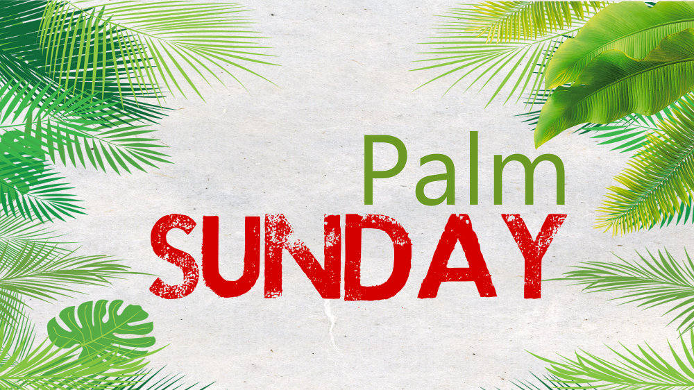 A variety of palm leaves border the text 'Palm Sunday'