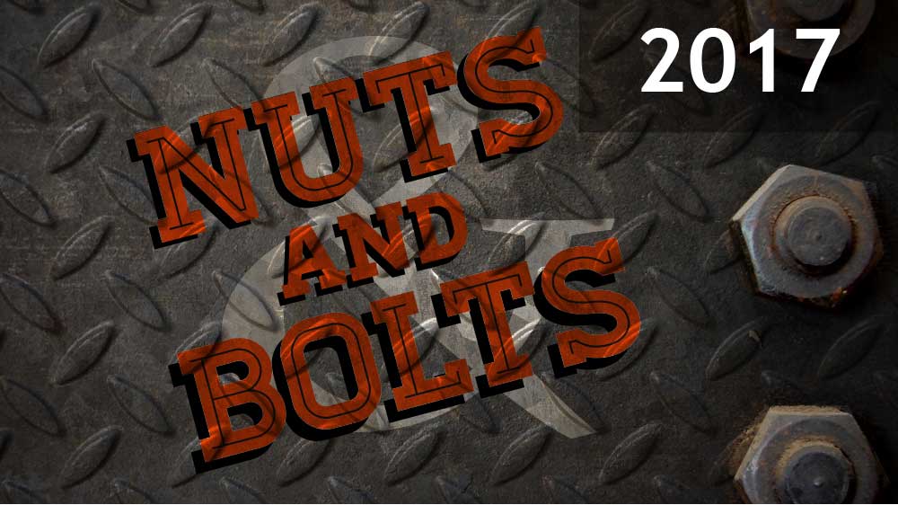 Gray sheet metal with nuts screwed in on the right side. 'Nuts and Bolts 2017' is superimposed on top