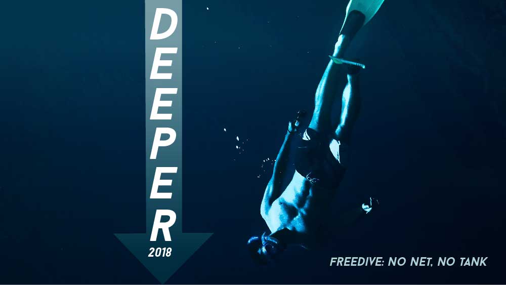 Diver with a snorkel swims down in a deep blue body of water. 'Deeper 2018: freedive, no net, no tank' is superimposed