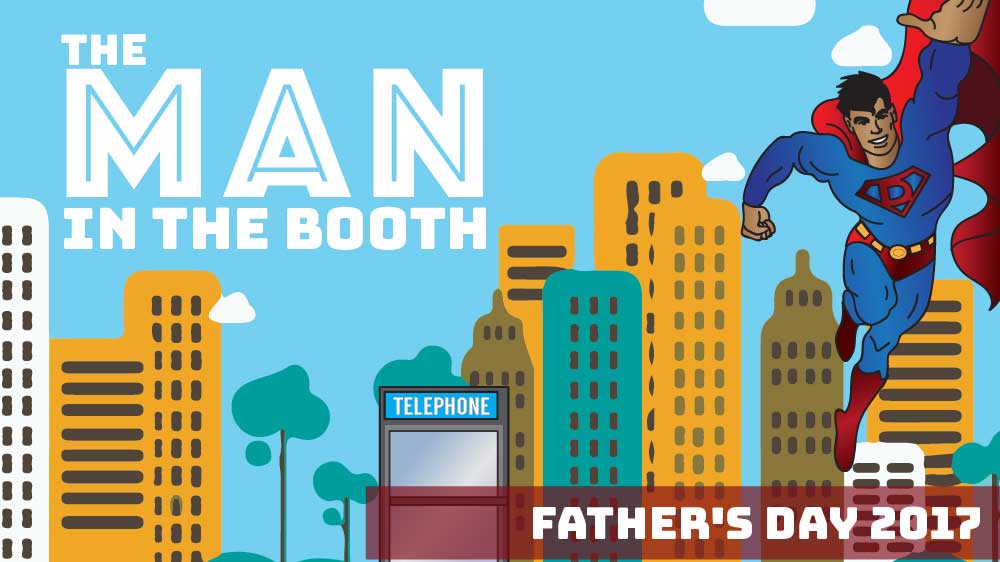 A super hero flies out of a phone booth. 'The Man in the Booth' is written in the sky