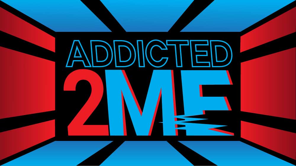 Red and blue color bars shoot out from the text 'Addicted 2 Me'