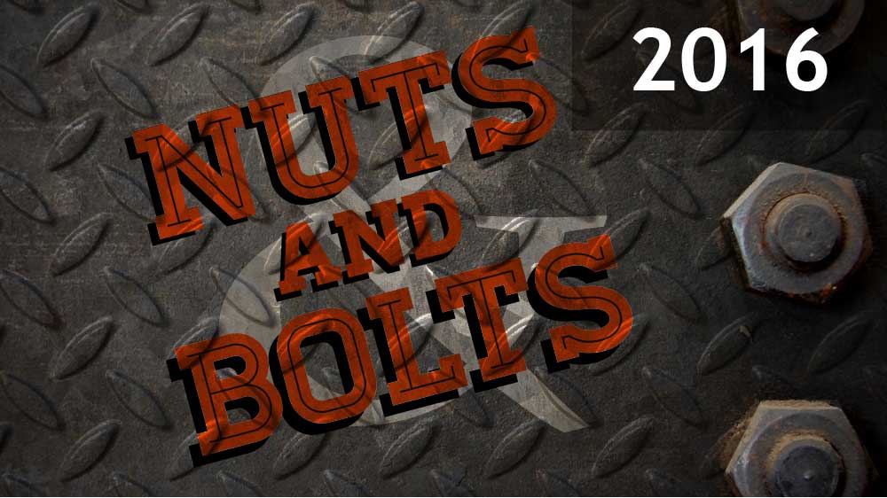 Gray sheet metal with nuts screwed in on the right side. 'Nuts and Bolts 2019' is superimposed on top