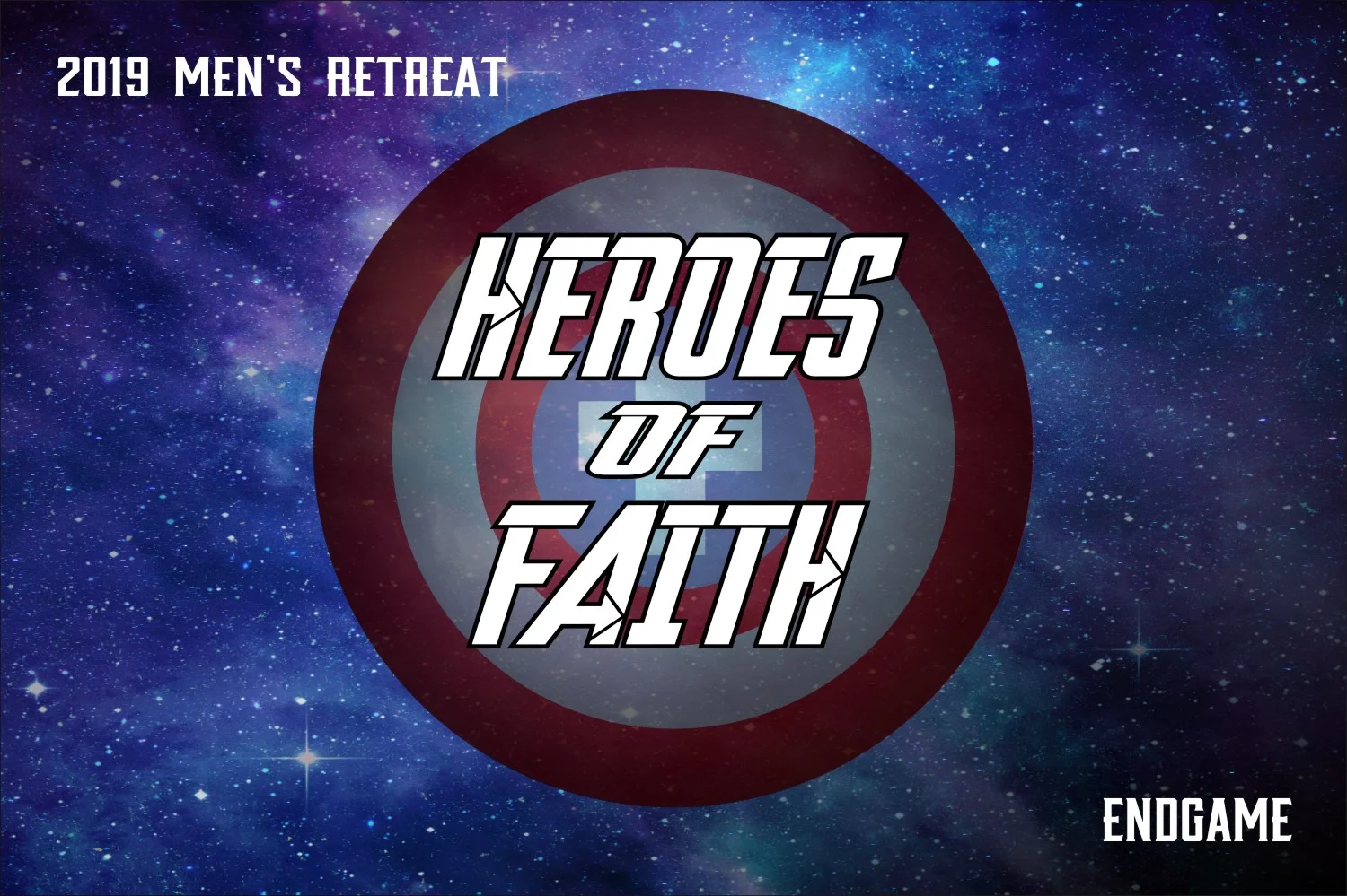 A circular shield of a hero floats on top of a galaxy background. ‘Heroes of Faith’ is written across it.