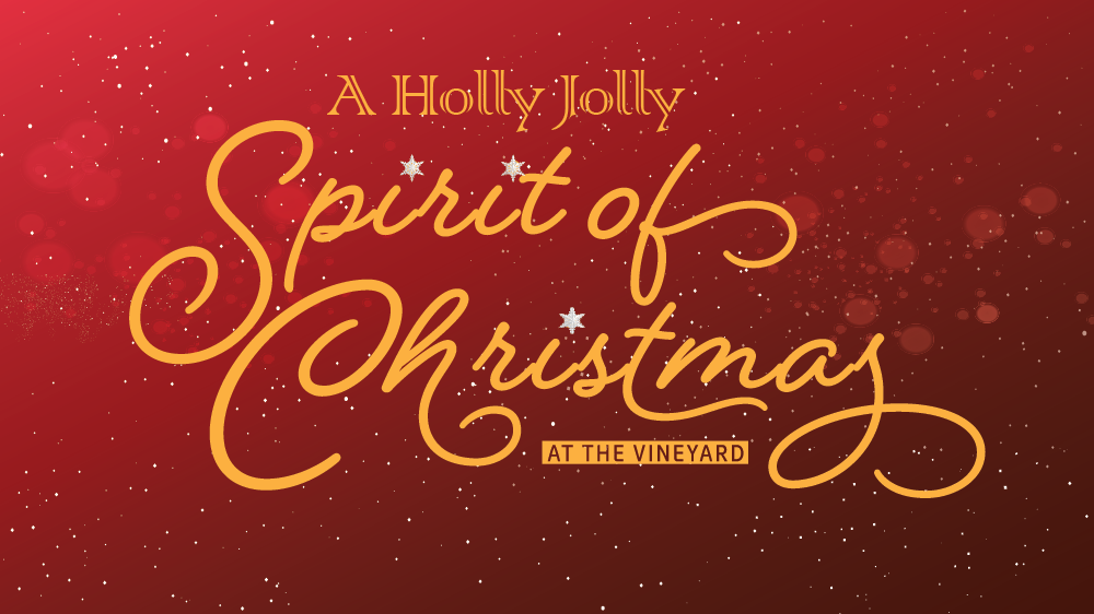 'A Holly Jolly Spirit of Christmas' is written in a script font across a red and snowy background