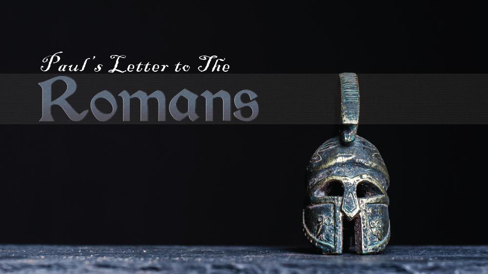 A lone centurion helmet sits against a black background. 'Paul's Letter to the Romans' is superimposed.