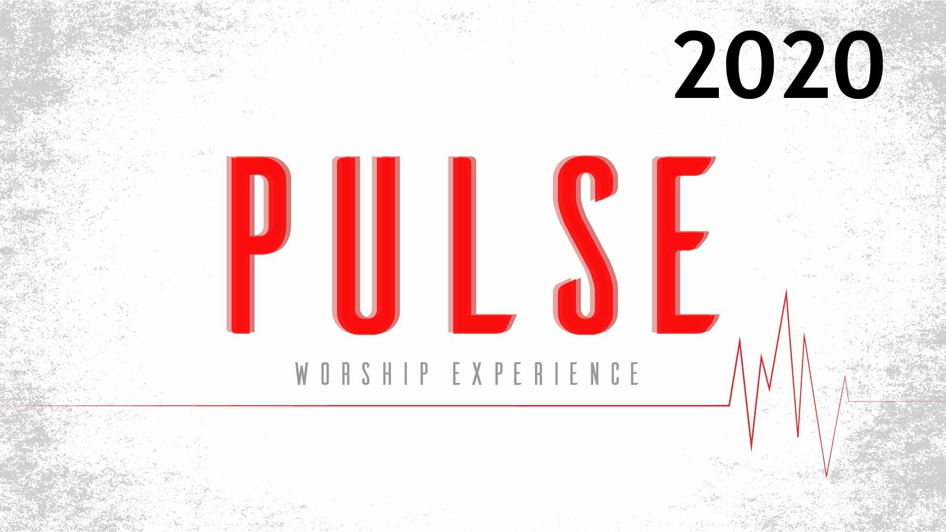 White background with a red electrocardiogram spanning it's width. It says 'Pulse worship experience 2020' in the middle