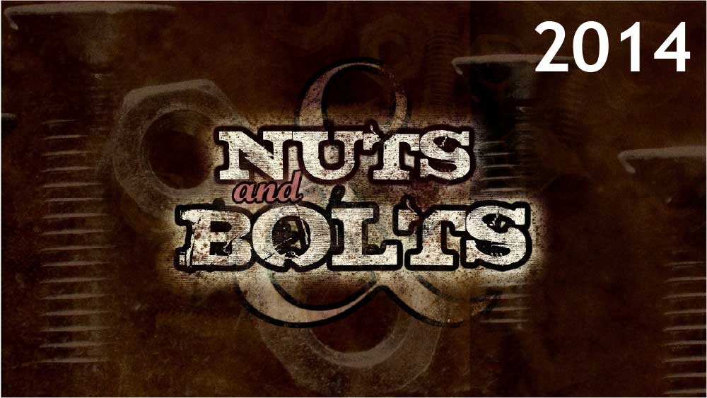 Distressed nuts and bolts are scattered across the background. 'Nuts and  Bolts' is superimposed