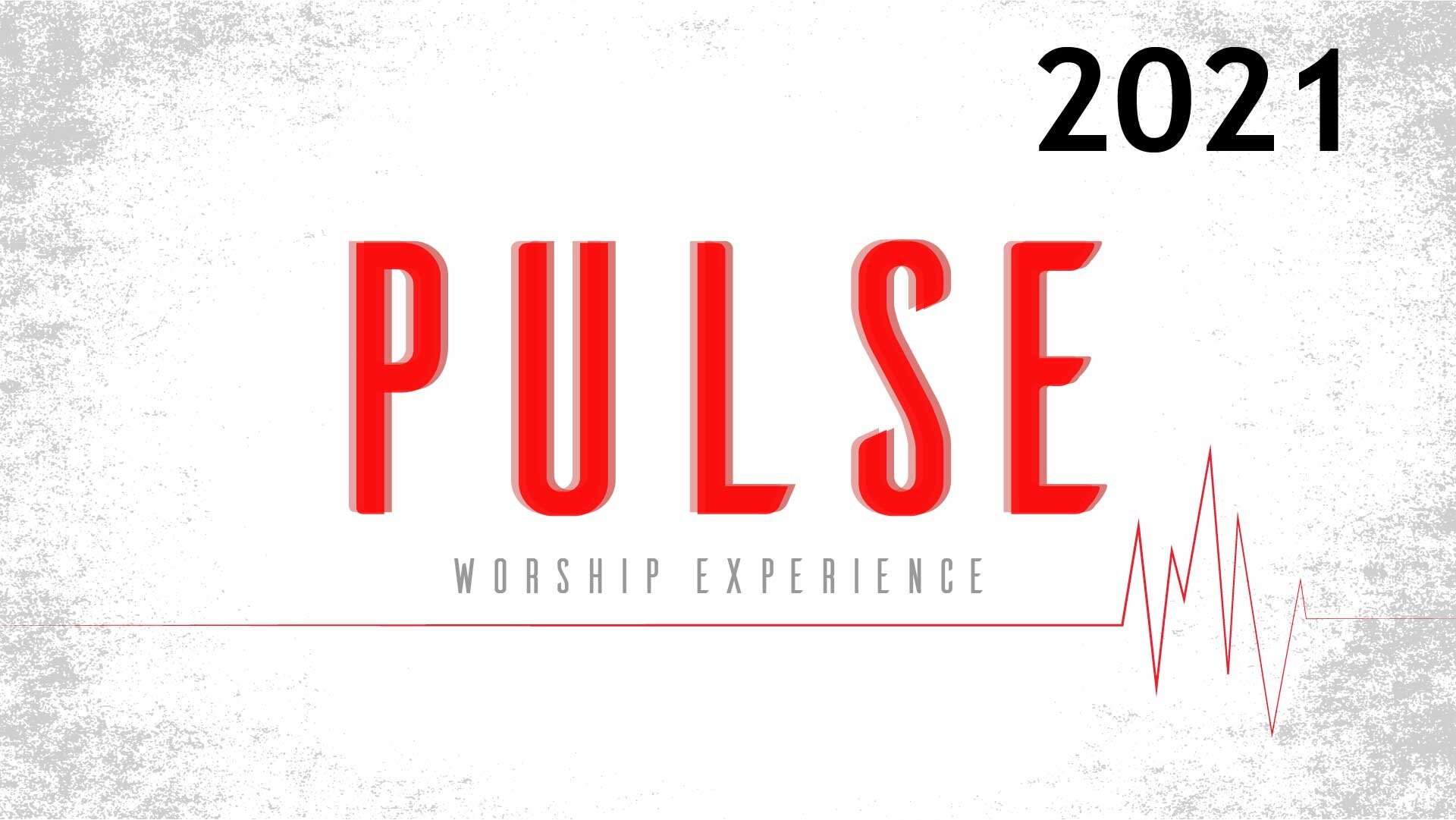 White background with a red electrocardiogram spanning it's width. It says 'Pulse worship experience 2021' in the middle